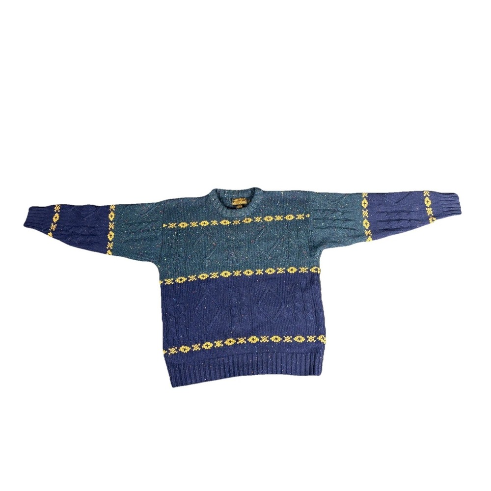 VTG Eddie Bauer Sweater Mens Small Green Blue Colorblock Geometric Wool Speckled